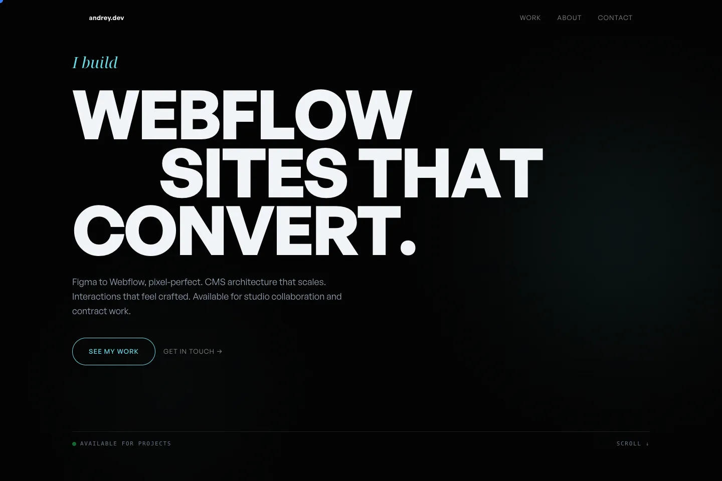 Andrey.dev portfolio screenshot showing bold typography and project grid layout