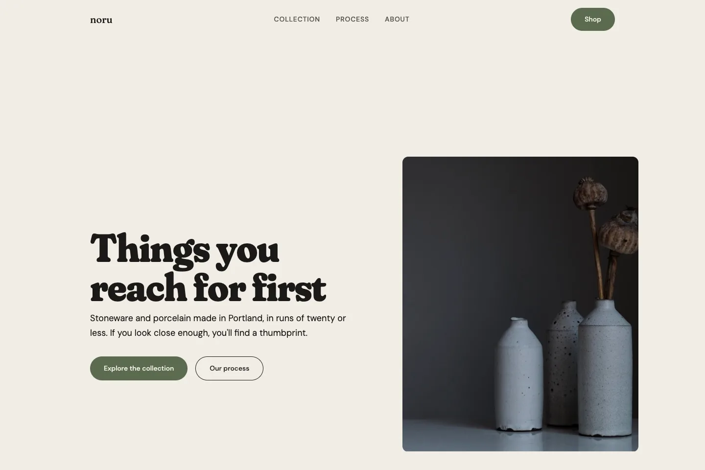 Noru Ceramics storefront screenshot showing product collections and editorial layout